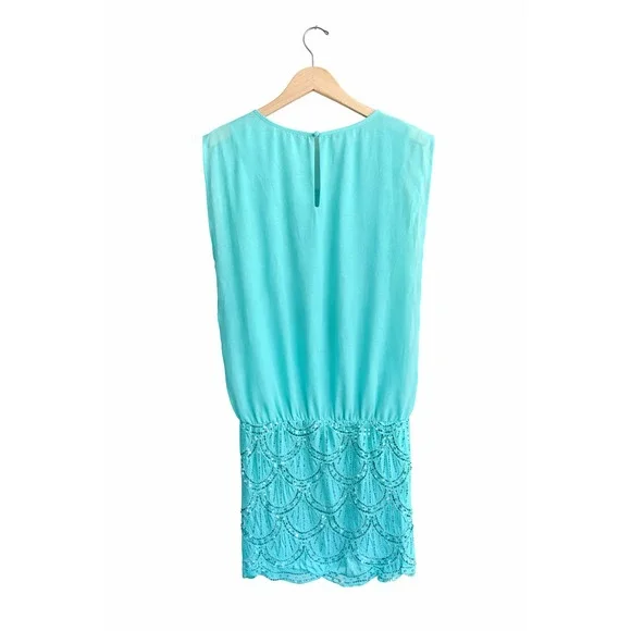Arden B Turquoise Blue Sequin Scallop Mini Dress Sleeveless Drop Waist - Picture 5 of 5